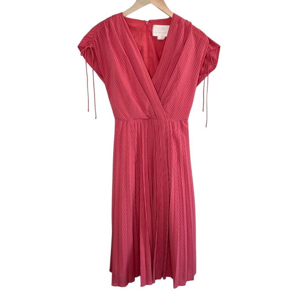 Gal Meets Glam Angelica Pink Pleated Gingham Midi Dress Cap Sleeve Size 0